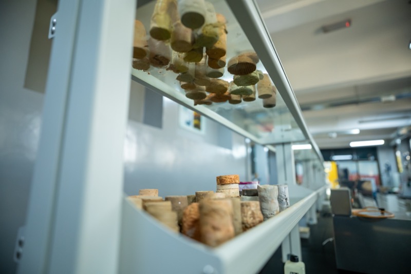 Rock core samples stored on a laboratory shelf
